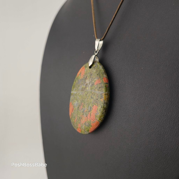 Unikite Carved Drop Pendant Natural Stone 2 inches on 24 inch Brown Cord - Picture 4 of 7